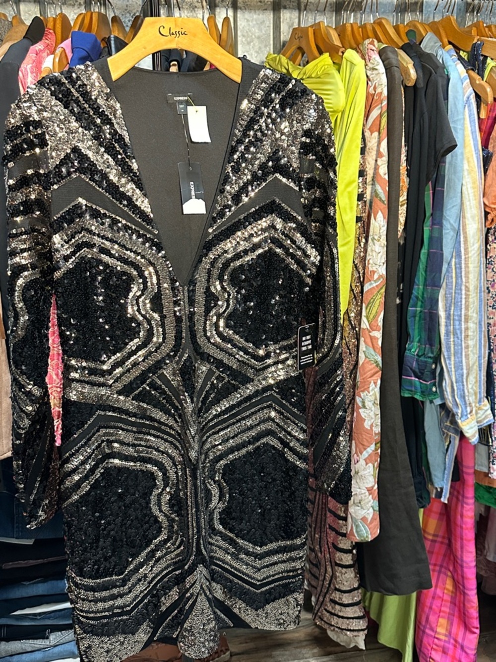 NEW ! Express Black and Silver Sequin V-Neck Dress